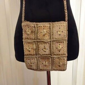 Beige Crochet Shoulder Bag with Zip Closure-LIKE NEW